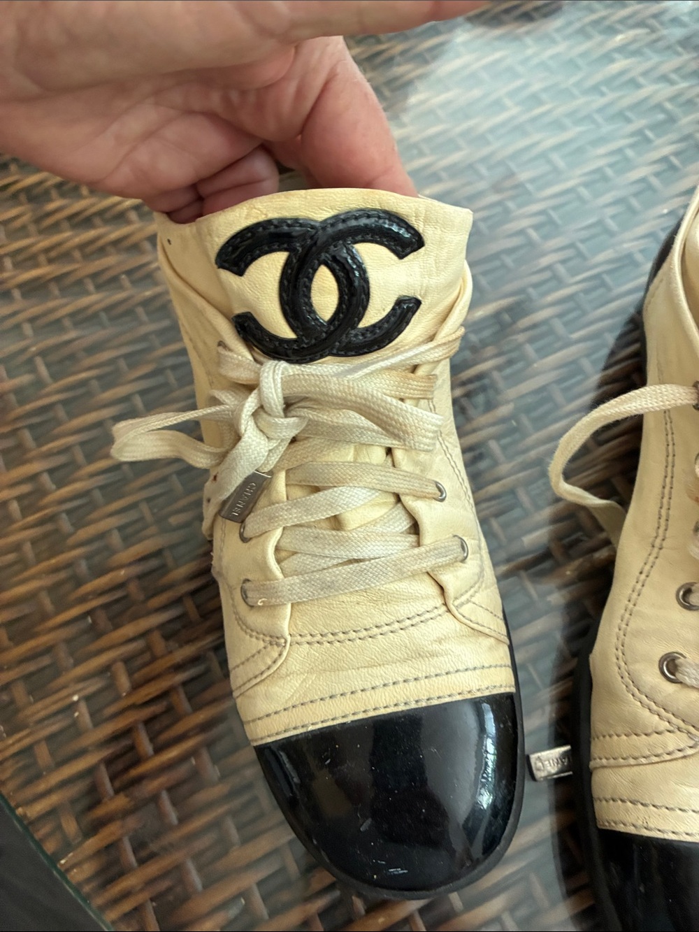 CHANEL Beige and Black Lace-Up Logo Sneakers - Picture 12 of 12